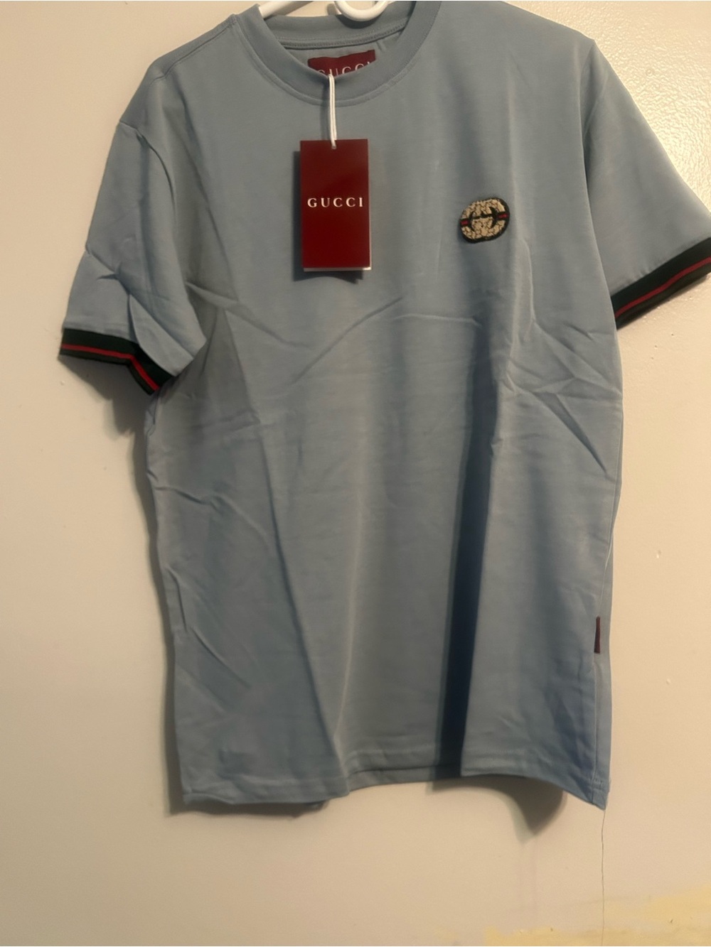 Gucci Light Blue Short Sleeve Polo with Signature Stripe Trim
